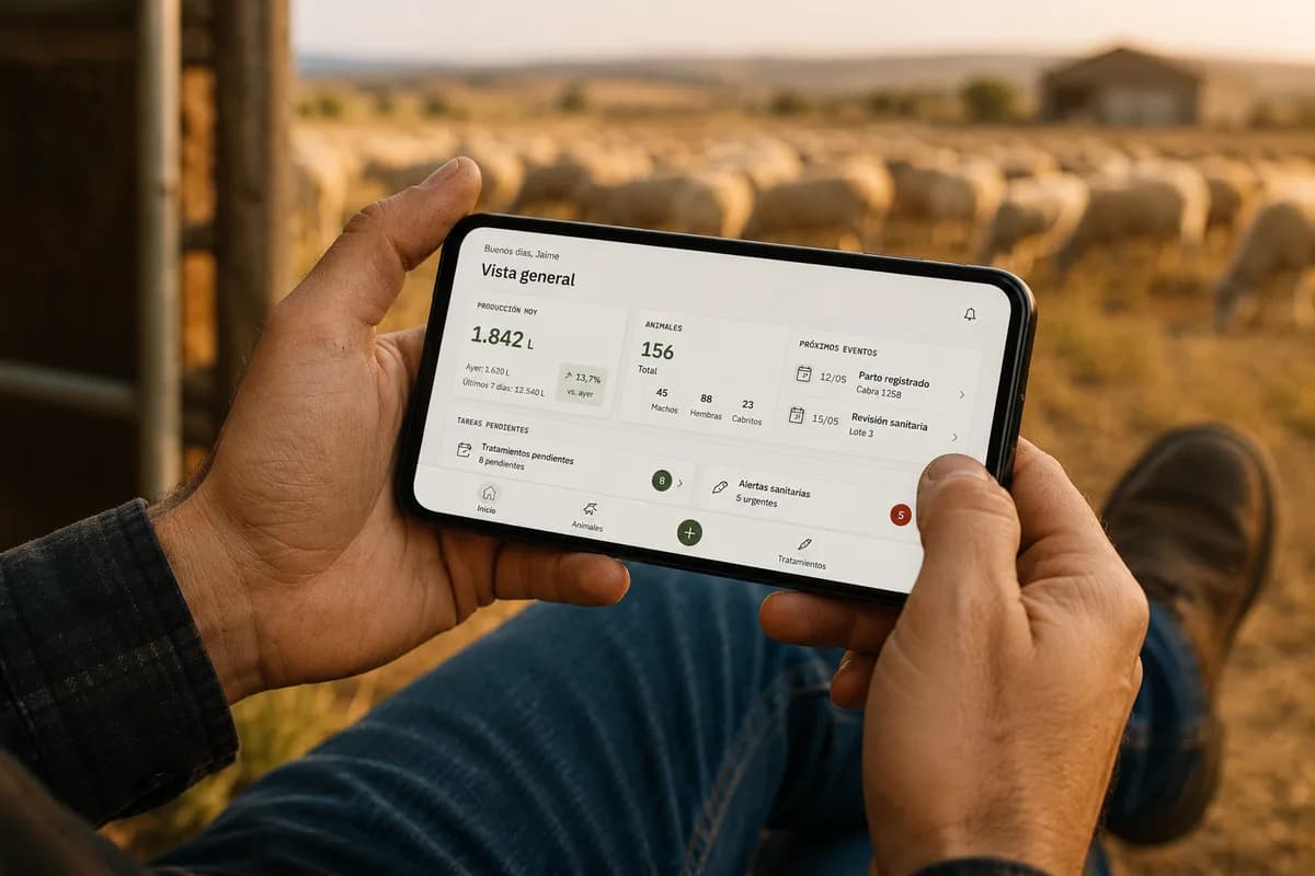 Ganadero usando una aplicación de gestión ganadera en el móvil en el campo