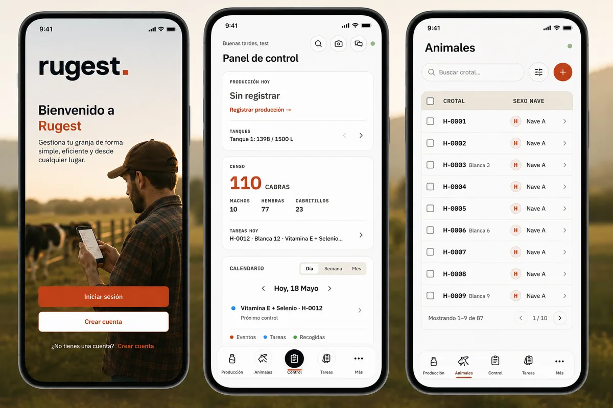 Pantalla de aplicación ganadera mostrando ficha de animal con historial completo